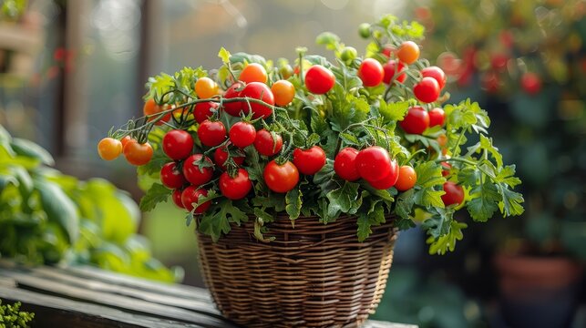 Freshly harvested cherry tomatoes in a woven basket surrounded by lush greenery during a sunny afternoon in the garden