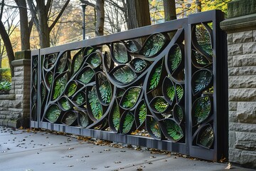 A metal gate with a leaf design is on a brick wall