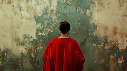Naklejka premium View of a historical figure in a red robe from behind against a textured, muted background. Historical. Illustration