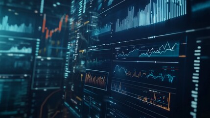Naklejka premium Visual of economic policy documents with graphs and charts, being analyzed by experts in a high-tech environment