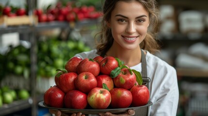 Young woman smiles while holding a tray of fresh red apples in a vibrant market filled with vegetables and fruits
