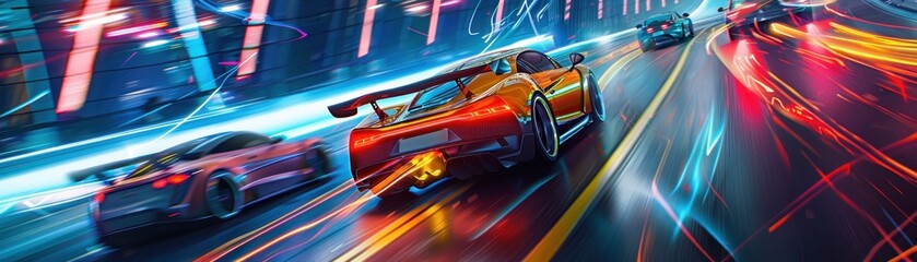 Naklejka premium Vibrant digital artwork of futuristic sports cars racing through a neon-lit cityscape. High speed, cyberpunk aesthetics, dynamic motion effects.