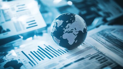 Abstract image of a digital globe surrounded by policy documents, concept of global economic governance