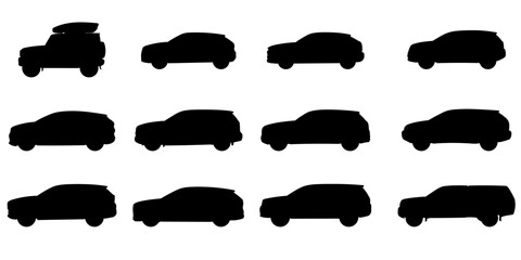 Set with 12 different silhouette types of suv cars in vector, side view. Doodle collection.