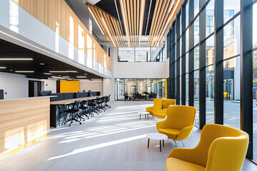 a modern, open-plan office space within a charity building, showcasing collaborative work areas bathed in natural light