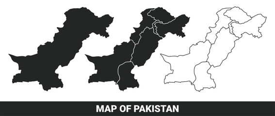 Black map of Pakistan flat and outline style vector illustration set