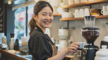 Smiling Barista Preparing Coffee in a Cozy CafÃ© with Modern Interior and Warm Lighting