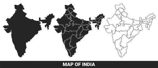 Black map of India flat and outline style vector illustration set