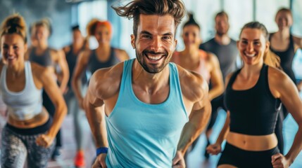 Energetic Group of People Exercising in a Modern Gym with Smiling Instructor Leading the Class in a Bright and Motivating Environment