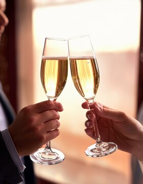 Primer plano de dos personas realizando un brindis con dos copas de champ&aacute;n/champagne; brindis, celebraci&oacute;n