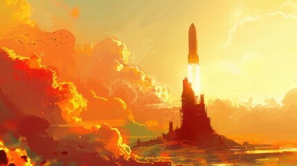 Obraz premium A surreal scene of a rocket launching into a bright, cloud-filled sky at dawn. The surrounding clouds, colored in shades of orange, yellow and pink, add a dreamlike quality to the scene.