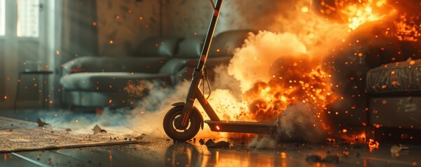 An electric scooter dramatically bursts into flames inside a modern living room, causing chaos.