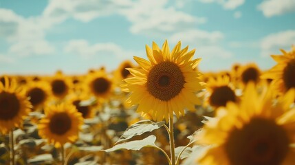 Obraz premium Close-up of sunflowers in the field with blur background.