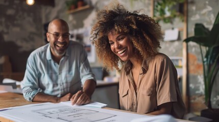 Smiling Colleagues Collaborating on Architectural Plans in a Modern Office with Greenery and Natural Light