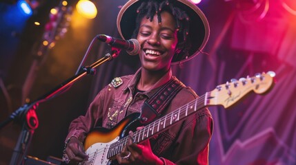Obraz premium Joyful Musician Performing Live on Stage with Electric Guitar Under Vibrant Stage Lights