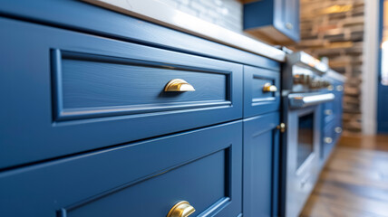 Close-up view of blue kitchen cabinets with gold handles.