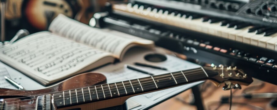 Close-up of a music studio setup with a guitar, keyboard, and sheet music, perfect for musicians and composers creating or learning new music.