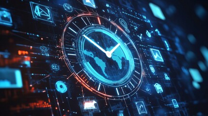 Abstract image of a digital clock with economic policy symbols, concept of timing in economic strategy