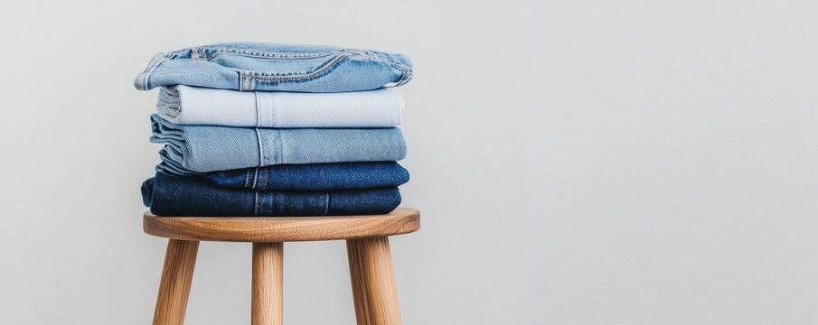 A stack of classic blue jeans arranged on a minimalist wooden stool, emphasizing the variety of washes and styles in denim fashion