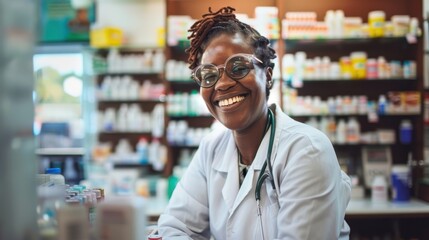 Friendly Pharmacist Smiling in a Modern Pharmacy with Shelves of Medicine and Healthcare Products