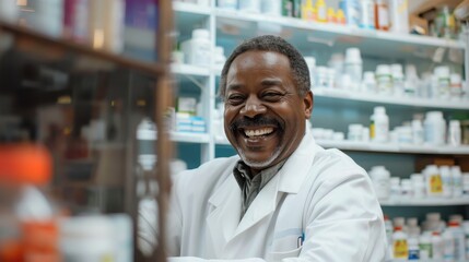 Obraz premium Friendly Pharmacist Smiling in a Well-Stocked Pharmacy with Shelves of Medicine and Healthcare Products