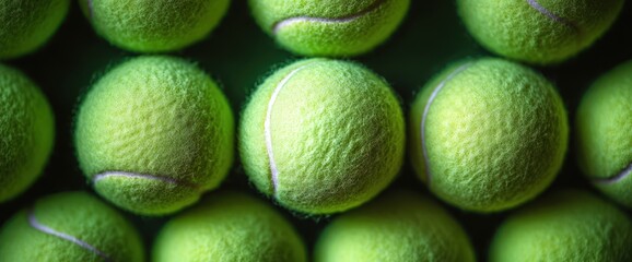 Closeup of yellow tennis balls in a row.