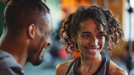 Obraz premium Smiling Young Woman and Man Enjoying Workout Session at Modern Gym with Bright Background