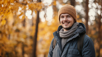 Portrait of young happy smiling caucasian man in autumn park, positive cheerful young man enjoying a walk outdoors in autumn forest. Active lifestyle, good health. Enjoying outdoors.