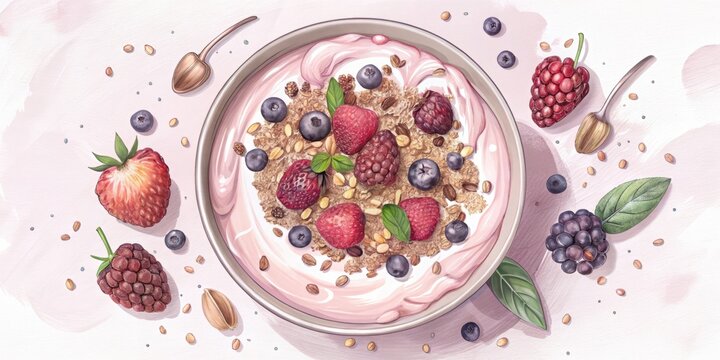 Healthy breakfast option of yogurt, granola, blueberries, and strawberries is presented in a bowl, providing a delicious and nutritious start to the day