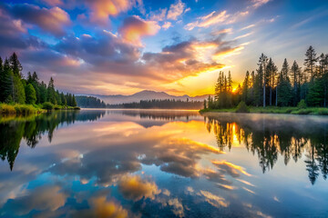 Obraz premium A beautiful lake with a sunset in the background. The sky is filled with clouds and the sun is setting. The reflection of the trees and the sky can be seen in the water