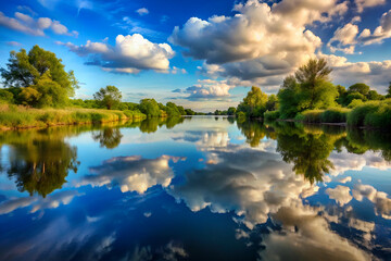 Fototapeta premium A beautiful lake with trees in the background and clouds in the sky