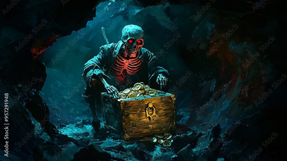 Wall mural Skeleton pirate, guarding treasure in dark cave, eerie glow, Watercolor style