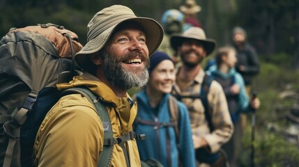 Fototapeta premium Group of Happy Hikers Enjoying a Scenic Mountain Trail in the Wilderness