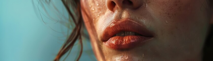 Obraz premium Close-up of a woman's lips and face with dewy skin, highlighting natural beauty and subtle makeup.