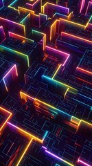 A dark background with colorful, glowing lines forming the outline of rectangular blocks, creating an abstract and futuristic design