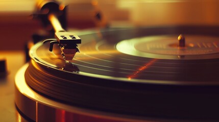 Close-up of a vintage turntable playing a vinyl record, capturing the nostalgic essence of analog music with warm lighting.
