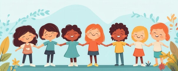A cheerful illustration of diverse girls holding hands, celebrating friendship in a vibrant and colorful landscape.