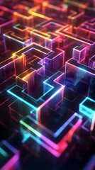 A dark background with colorful, glowing lines forming the outline of rectangular blocks, creating an abstract and futuristic design