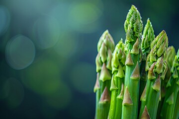 Fresh green asparagus standing over green background