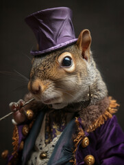 A squirrel dressed in regal attire with a purple top hat.