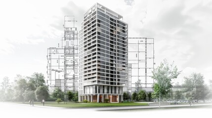 Obraz premium Modern high-rise building under construction with architectural design elements, set against a cloudy sky background.
