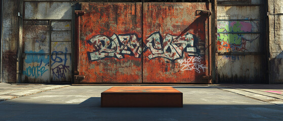 3D podium in a gritty urban alleyway covered in vibrant graffiti murals