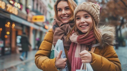 Fototapeta premium Mother and Daughter Enjoying a Winter Shopping Day in the City, Smiling and Holding Shopping Bags