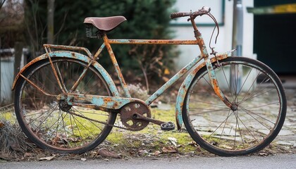 Fototapeta premium Decayed bicycle with rusted frame and wheels, broken and aged appearance