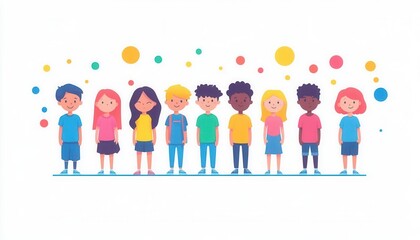 Fototapeta premium Colorful illustration of diverse children standing together, showcasing friendship and unity in a vibrant and playful setting.
