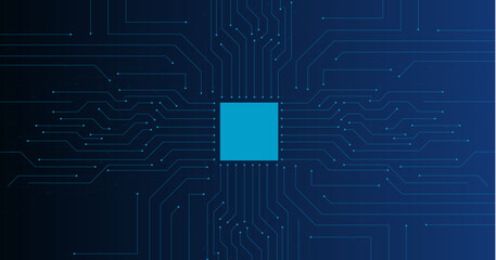 Glowing Circuit Background with Central Computer Chip- Abstract Digital Tech in Blue - Low Poly Wireframe Semiconductor Illustration