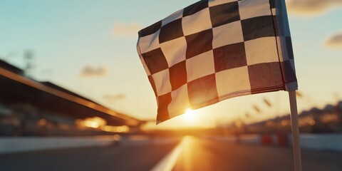 A checkered flag is being waved from a gantry above the track, with a racing track in the background