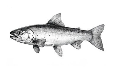 Obraz premium Fish sketch salmon trout. Vintage retro print, black white salmon trout fish sketch ink pencil style drawing, linear drawing, engrave old school. Sketch artwork salmon trout fish. Illustration