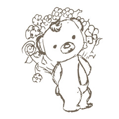 Teddy bear with a bouquet of flowers on his back. Hand drawn sketch. Vector illustration isolated on white background. Can be used for greeting cards, children's book illustrations, prints on various