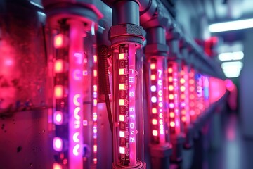 A row of glowing tubes with numbers on them